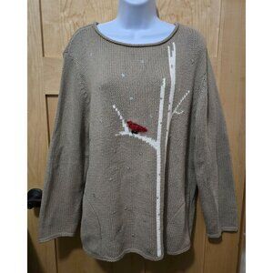 Knitted Taupe Sweater With Winter Cardinal Design Soft Cozy Warm Pullover